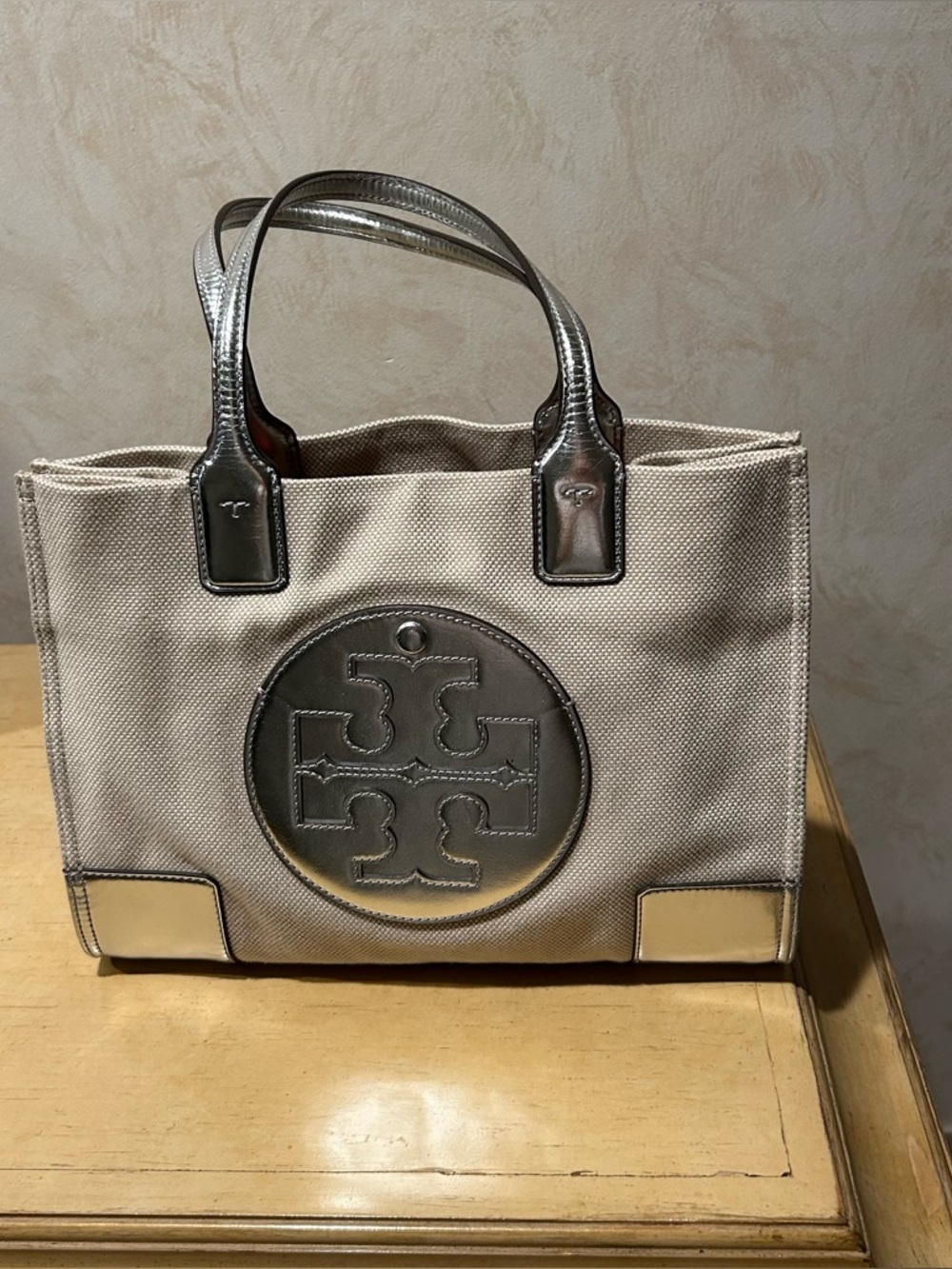Tory Sport Beige Canvas Tote with Silver Logo and Handles